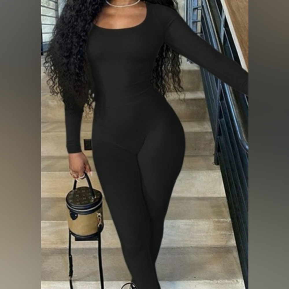 Basic Black Long Sleeve Bodysuit Top 2pc Stretch Pant Set Outfit Women's Size L